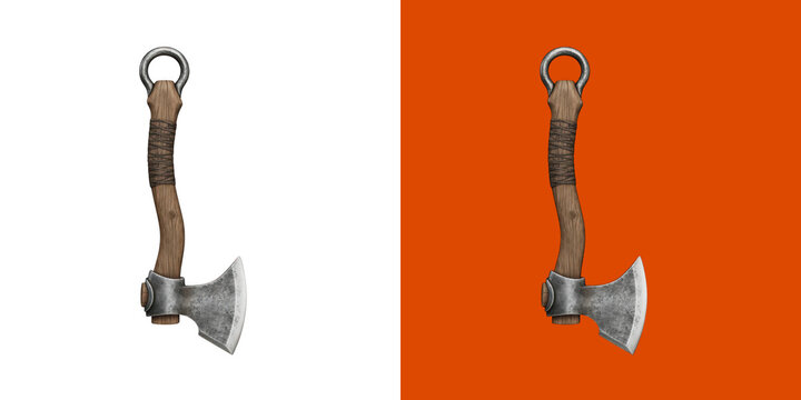 Old hand axe with wooden handle and steel blade transparent png