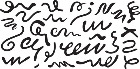 Obraz premium Set of whimsical black curly lines and hand drawn wavy doodles isolated on a white background. Swirl stroke patterns for street art, graphic decor, and modern branding projects.