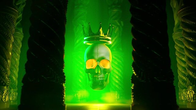 Dark Emerald Green Motion Background of Hovering King Skull Between Carved Gothic Columns