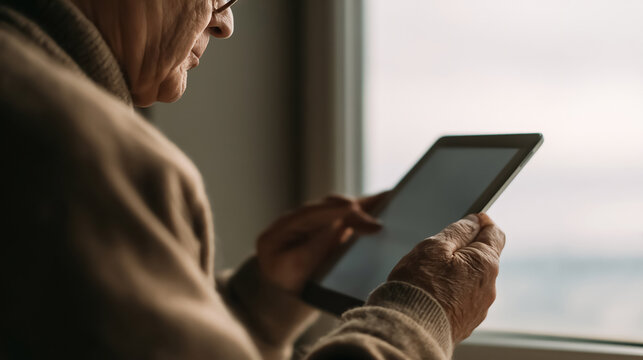 Close-up of an elderly person's using a tablet computer. Ai gen.