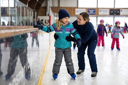 Young kids are on ice skates at a children's camp. They practice skating with instructors nearby. The rink is busy with multiple children learning at the same time