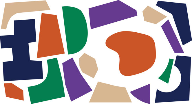 Abstract geometric paper cut out shapes with colorful modern collage design elements.