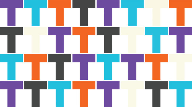 Abstract pattern of colorful T-shaped structural modular blocks in a grid layout.