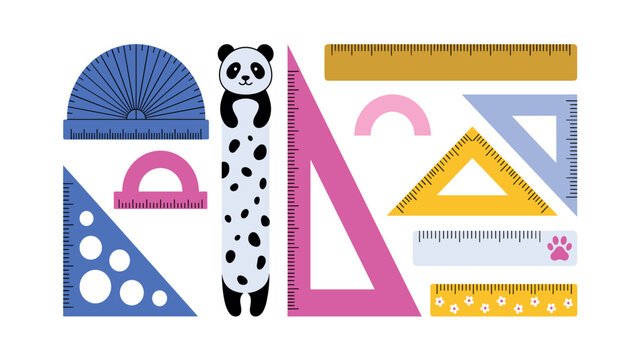 School stationery collection with colorful rulers, geometric plastic protractors, set squares and cute panda animal pattern ruler