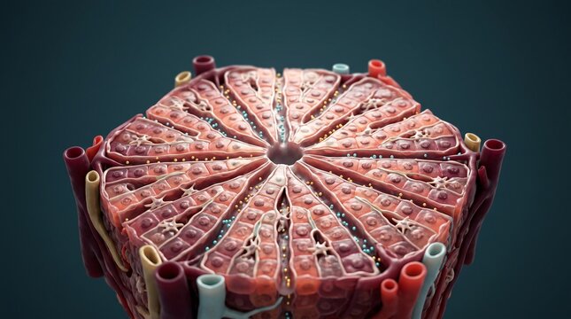 Detailed 3D anatomical model of a hepatic lobule showing internal liver tissue structure and vascular system for medical science