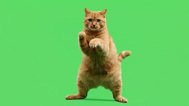 An orange tabby cat is doing a sneaky, exaggerated tip-toe creeping motion.