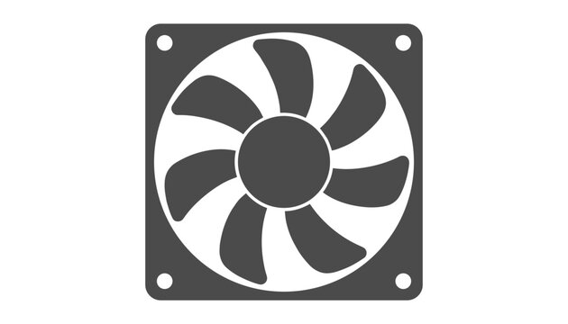 Computer cooling fan silhouette with seven blades inside a square frame is isolated on a plain white background.