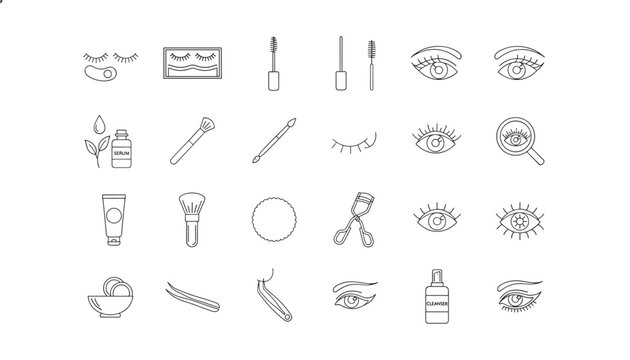 Complete collection of twenty-four eye makeup and beauty line icons featuring lashes, brow styling, and tools.