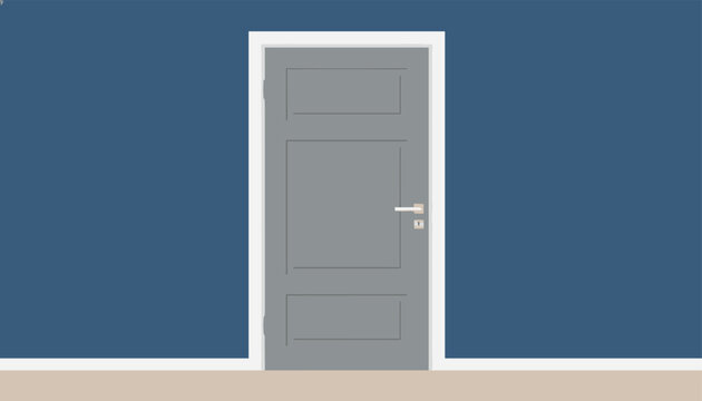Elegant closed gray door set against a deep blue wall with a white trim is shown in a modern interior view.