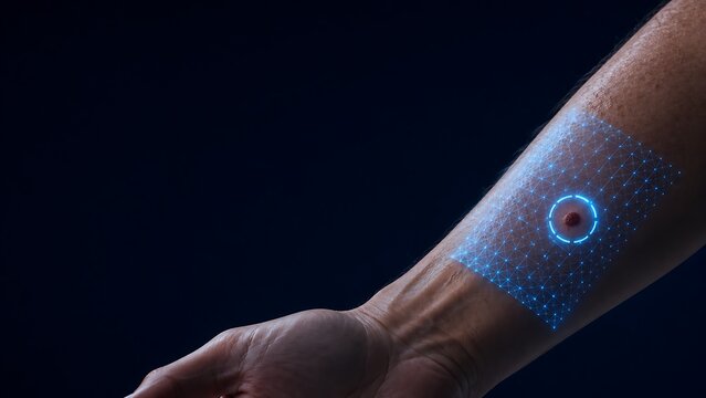 Futuristic smart medical patch on human arm displaying glowing biometric data. AI healthcare with biometric technology futuristic monitoring interface hologram innovation. AI. healthcare