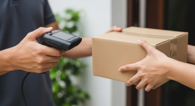 A deliverer man gives cardboard box to a woman. Courier service and package delivery. E-commerce and express distribution.