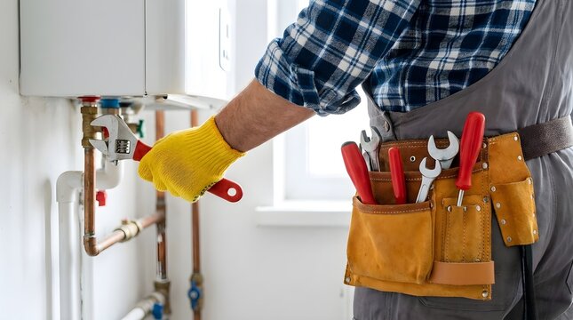 Professional plumber in uniform repairing domestic water heater with adjustable wrench, providing home maintenance service.