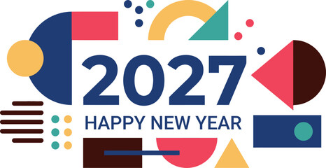 Obraz premium Colorful abstract geometric shapes surrounding the year 2027 text for a creative and modern happy new year holiday greeting