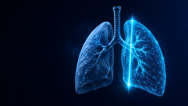 Glowing digital human lungs hologram representing respiratory system diagnostics. AI healthcare with respiratory hologram technology healthcare diagnostic breathing pulmonary. AI. healthcare