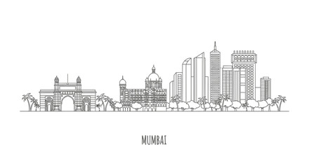Fototapeta premium Mumbai Skyline Silhouette - Iconic Landmarks and Modern Architecture Line Art