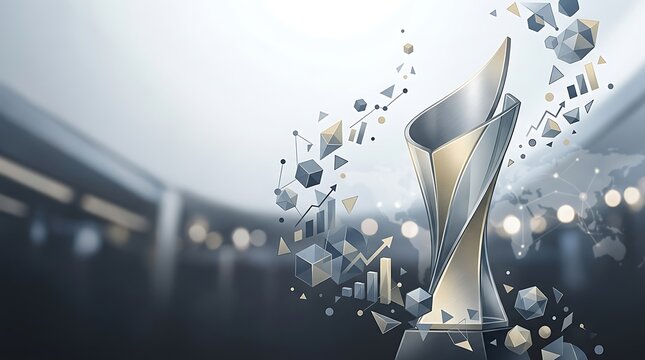 Shiny silver trophy cup with business growth icons and financial charts floating in a bright professional stadium setting for a success and achievement concept
