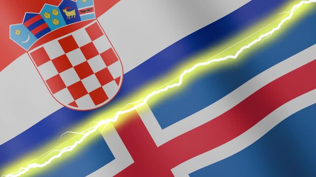 Two waving flags Croatia and Iceland with diagonal lightning seamless, 4k loop