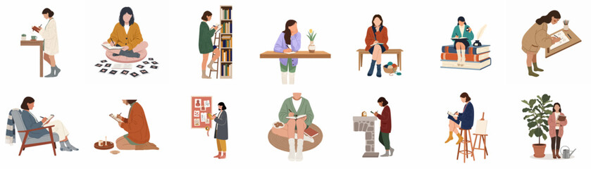 Fototapeta premium Set of Flat Illustrations Depicting Women Engaged in Various Cozy Indoor Hobbies and Leisure Activities Such as Reading, Drawing, and Drinking Coffee