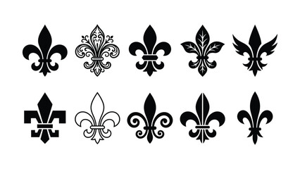 Fleur de lis icon set featuring royal French lily ornaments, heraldic emblems, and vintage medieval luxury design templates. Vector illustration isolated on white background. EPS 10. © Sumaiya