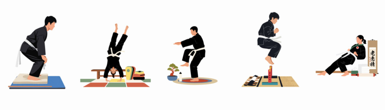 Set of illustrations showing a martial artist in a black gi performing various training exercises including balancing, jumping, and handstands.