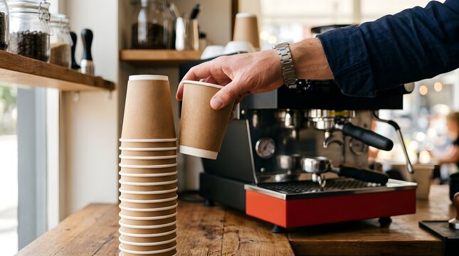Barista hand picking up a disposable brown paper cup from a stack in a modern cafe environment near a professional espresso machine for takeaway service