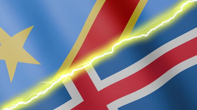 Two waving flags Democratic Republic of Congo and Iceland with diagonal lightning seamless, 4k loop
