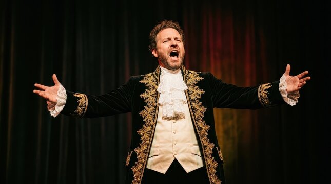 Male Opera Singer in Ornate Period Costume Performing Passionately on Stage with Arms Outstretched and Mouth Open