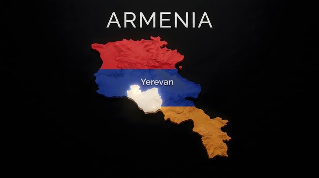 3D Map of Armenia with Flag Texture and Highlighted Capital City Yerevan Isolated on Black Background