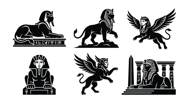 Ancient egyptian sphinxes and pharaoh silhouettes in a black vector illustration