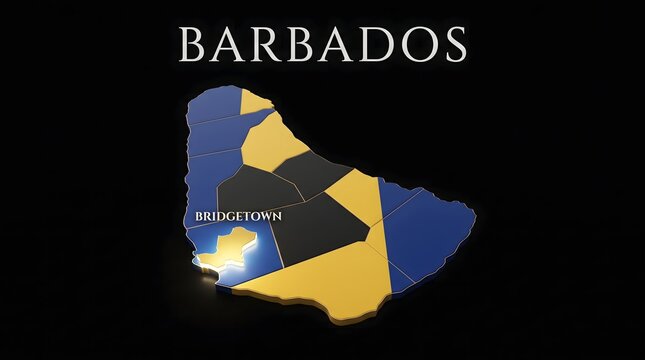 3D Map of Barbados with Flag Texture and Highlighted Capital City Bridgetown Isolated on Black Background