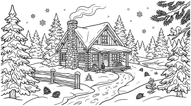 Winter wonderland log cabin snow forest pine trees smoking chimney coloring page.