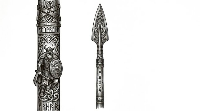 Ornate viking warrior spear with rune decorated shaft
