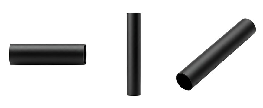 Three black cylindrical tubes in different orientations on transparent background