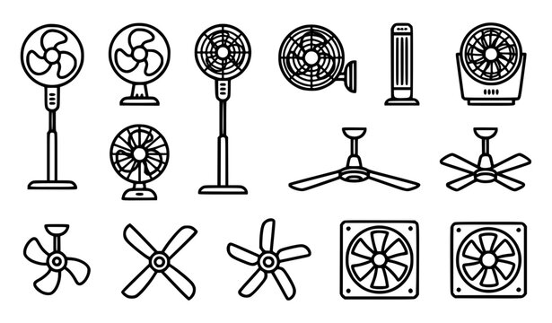 Electric and ceiling fan line art vector icon collection for cooling and ventilation