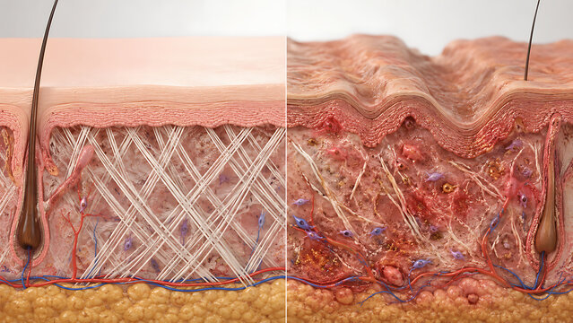 Comparative skin anatomy model showing dense and disrupted dermal fibers with hair follicles, illustrating structural skin changes, aging, and dermatology research.