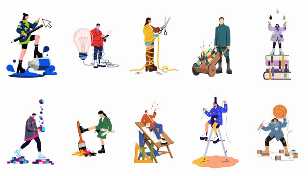 Collection of modern flat illustrations depicting various creative professionals, artists, and conceptual thinkers engaged in imaginative design, art, and intellectual work.