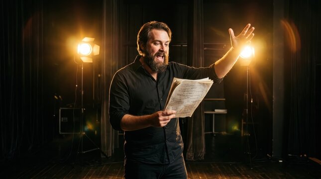 Passionate Male Actor Rehearsing Monologue with Script on Dark Theater Stage with Dramatic Lighting