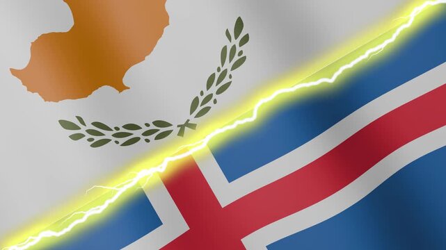 Two waving flags Cyprus and Iceland with diagonal lightning seamless, 4k loop