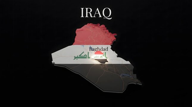 3D Map of Iraq with Flag Texture and Highlighted Capital City Baghdad Isolated on Black Background