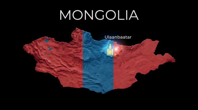 3D Map of Mongolia with Flag Texture and Highlighted Capital City Ulaanbaatar Isolated on Black Background