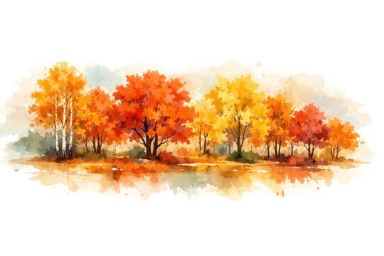 Vibrant watercolor trees in autumn landscape.