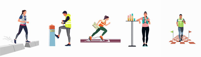 Naklejka premium Set of illustrations depicting athletes participating in an orienteering race, including running with maps, checking control points, and reaching the finish line.