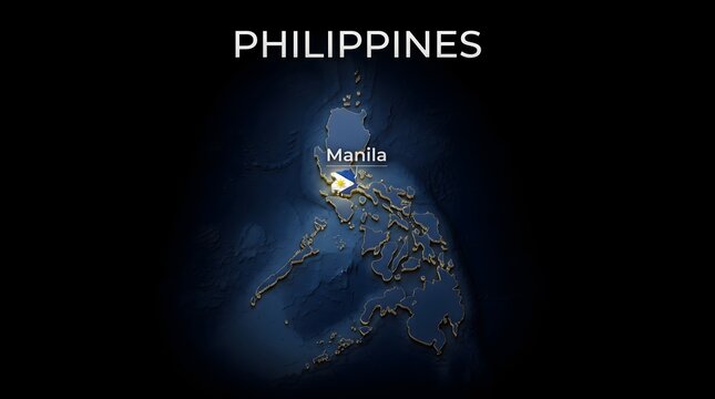 3D Map of Philippines with Flag Texture and Highlighted Capital City Manila Isolated on Black Background