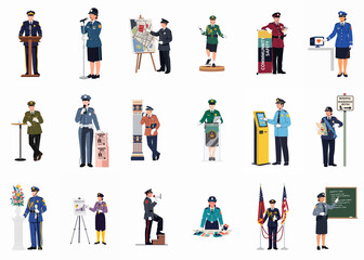 Fototapeta premium Flat vector illustration set of diverse people in professional uniforms and service roles isolated on a white background.