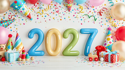 Fototapeta premium Celebrating 2027 new year party with colorful balloons, confetti, gifts, and party hats for festive holiday fun