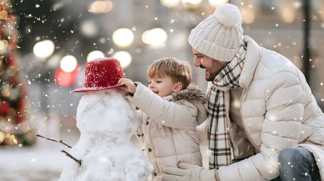 Father and son building a snowman in falling snow, enjoying winter holiday fun and cherished family time