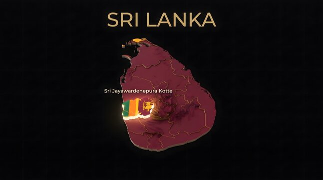 3D Map of Sri Lanka with Flag Texture and Highlighted Capital City Colombo Isolated on Black Background