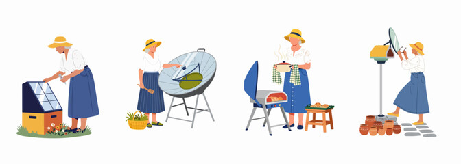Fototapeta premium Vector illustration set of a woman using various solar-powered outdoor cooking and energy-saving devices for a sustainable and eco-friendly lifestyle.