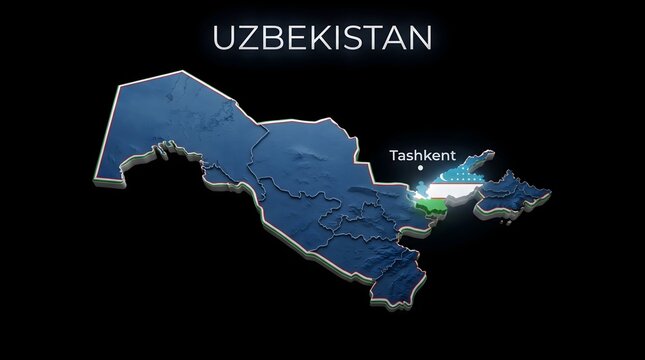 3D Map of Uzbekistan with Flag Texture and Highlighted Capital City Tashkent Isolated on Black Background