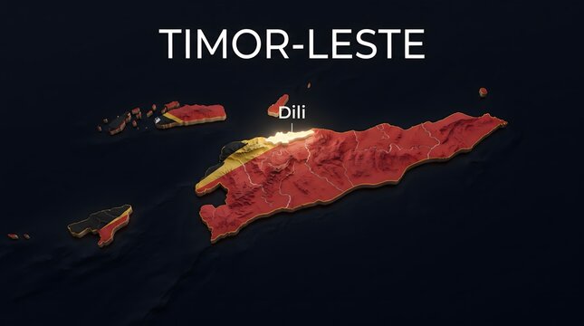 3D Map of East Timor (Timor-Leste) with Flag Texture and Highlighted Capital City Dili Isolated on Black Background